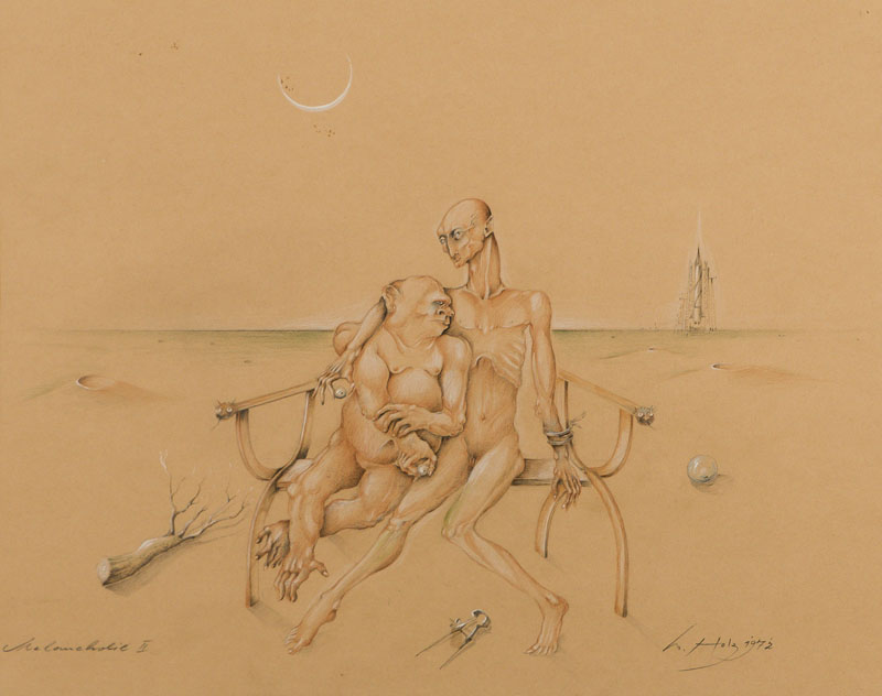 Werner Holz, 1948-1991, Melancholie II, Buntstiftzeichnung, sign., PP, Ausschnitt 40x50 cm, unter Glas gerahmt