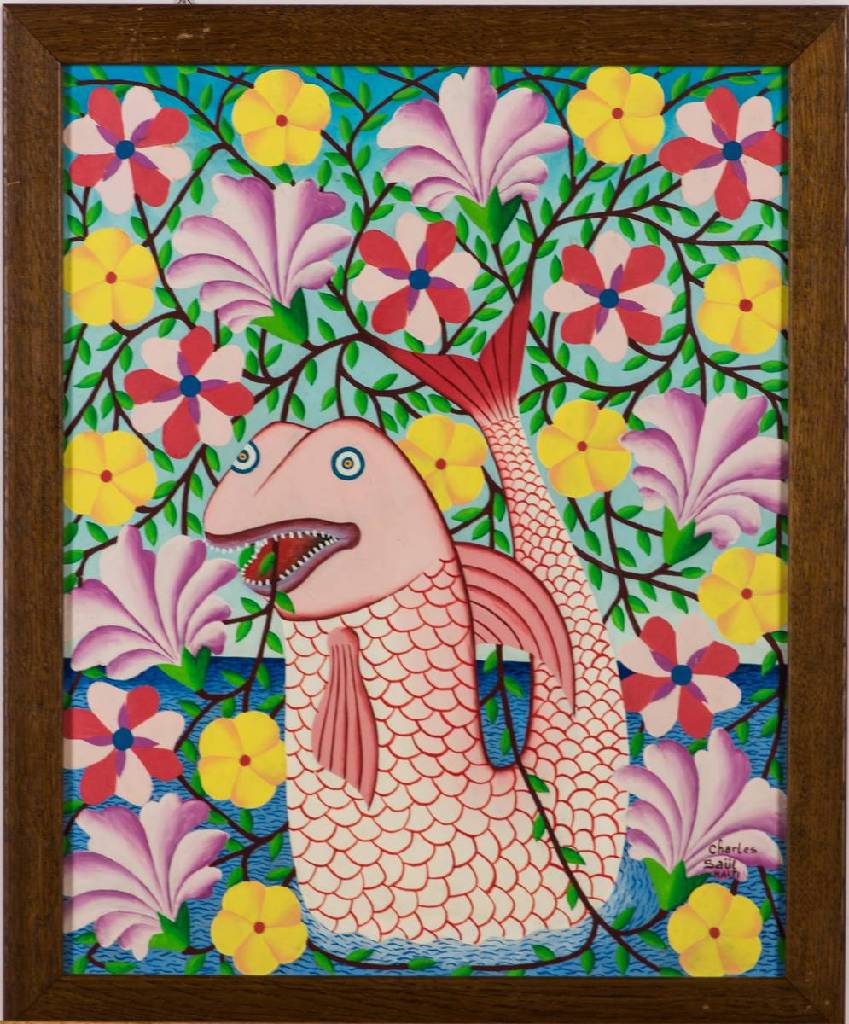 Charles Saül, geb. 1943 Haiti, Poisson de lafleur, Acryl/Hartfaser, sign., 51x41 cm, Rahmen