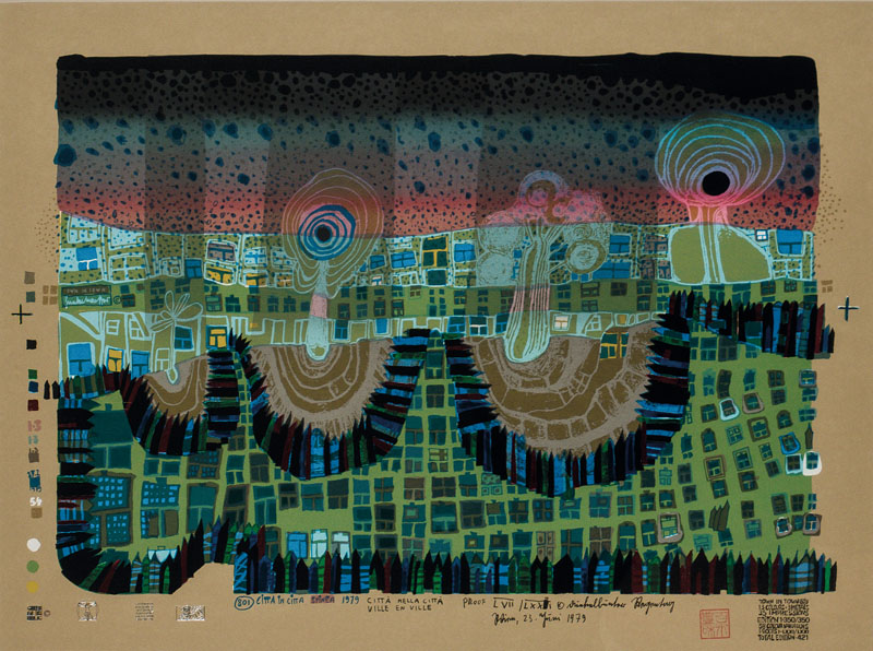Friedensreich Hundertwasser, 1928-2000, Cilla netta Citta, Town in Town, 1979, Farbserigraphie mit 13 Farben und 3 Metallfolienprägungen, ...