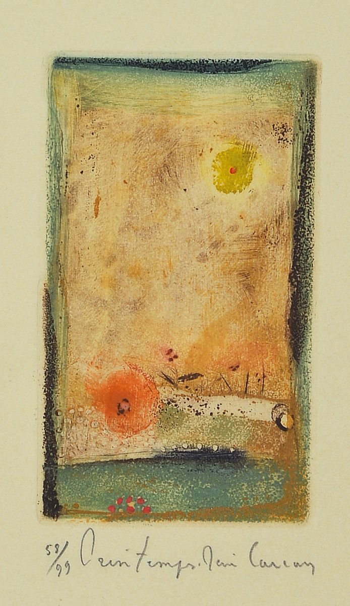 René Carcan, 1925-1993 Brüssel, Farbradierung, handsign., num. 58/99, Platte 12x7 cm, unter Glas gerahmt