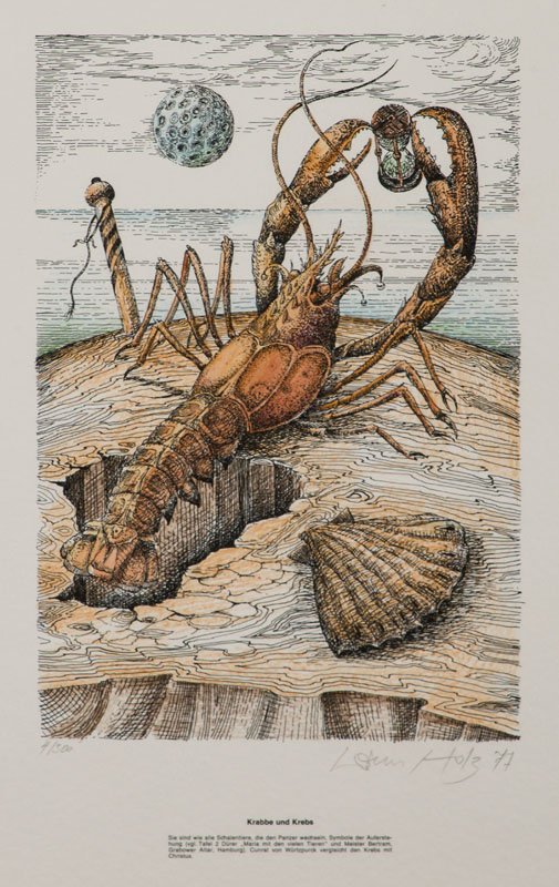 Werner Holz, 1948-1991, 4 Tiere 4 Symbole, Konvolut aus 4 kolorierten Lithografien, Pfau, Fisch, Affe, Krebs, Hrsg.: Garamond Verlag Nov. 1977, je ...