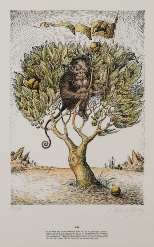 Detail a: Werner Holz, 1948-1991, 4 Tiere 4 Symbole, Konvolut aus 4 kolorierten Lithografien, Pfau, Fisch, Affe, Krebs, Hrsg.: Garamond Verlag Nov. 1977, je ...