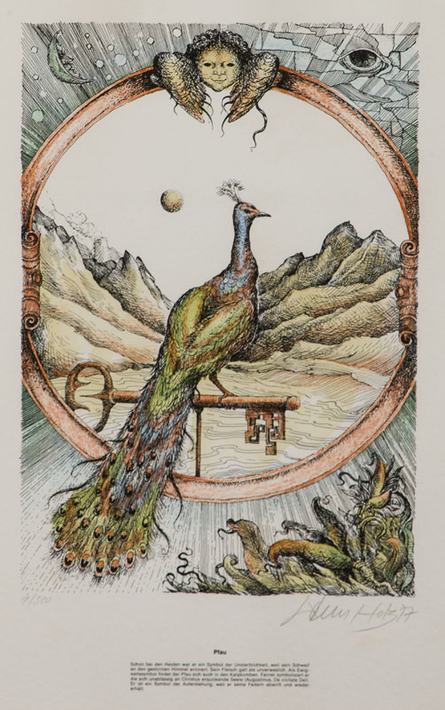 Detail b: Werner Holz, 1948-1991, 4 Tiere 4 Symbole, Konvolut aus 4 kolorierten Lithografien, Pfau, Fisch, Affe, Krebs, Hrsg.: Garamond Verlag Nov. 1977, je ...