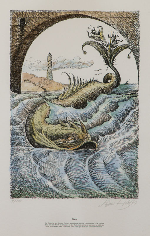 Detail c: Werner Holz, 1948-1991, 4 Tiere 4 Symbole, Konvolut aus 4 kolorierten Lithografien, Pfau, Fisch, Affe, Krebs, Hrsg.: Garamond Verlag Nov. 1977, je ...