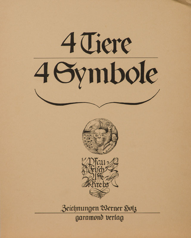 Detail d: Werner Holz, 1948-1991, 4 Tiere 4 Symbole, Konvolut aus 4 kolorierten Lithografien, Pfau, Fisch, Affe, Krebs, Hrsg.: Garamond Verlag Nov. 1977, je ...