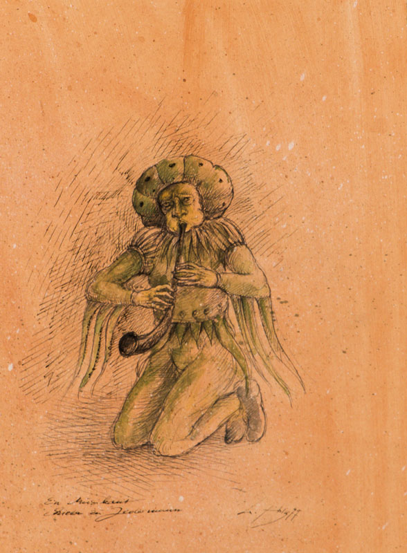 Werner Holz, 1948-1991, Ein Musikant, Skizze zu dem Theaterstück Jedermann, sign., dat. 77, Blattgr. 48x38 cm, unter Glas gerahmt