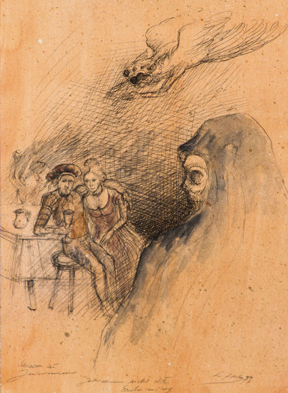 Werner Holz, 1948-1991, Jedermann sieht die Erscheinung, Skizze zu dem Theaterstück Jedermann, sign., dat. 77, Blattgr. 48x38 cm, unter Glas gerahmt