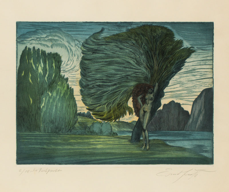 Ernst Fuchs, 1930-2015, Baum und Aphrodite, Farbaquatintaradierung, handsigniert, num. 2/10 der Farbproben, ca. 34x47cm, unter Glas gerahmt