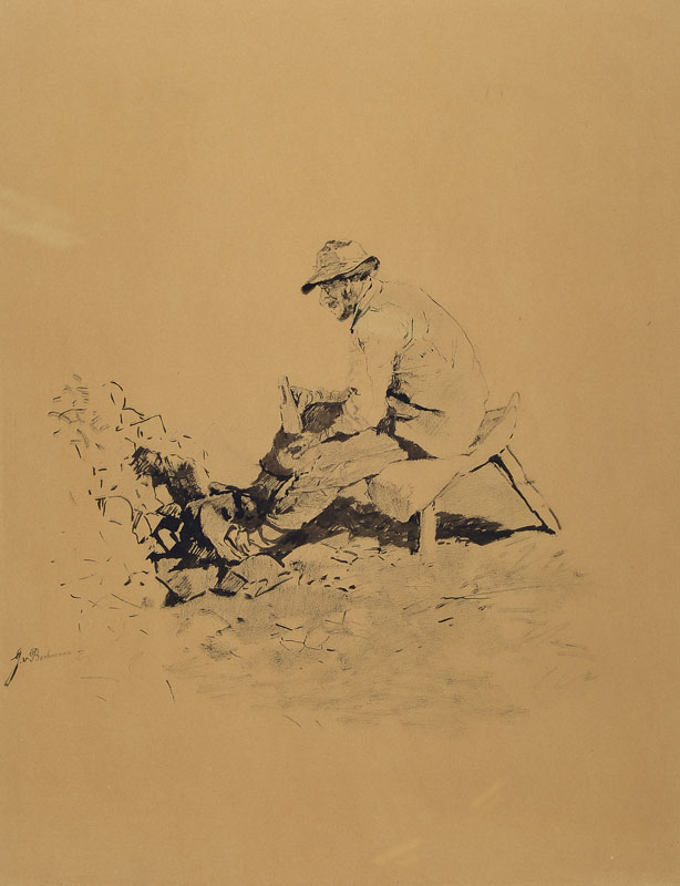 Gregor von Bochmann, 1850 Estland - 1930 Düsseldorf, hier: Bildhauer beim Bearbeiten von Holz oder Steinen, Tuschezeichnung, sign.,ca. 51 x 40 cm, ...