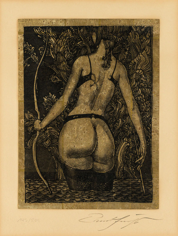 Ernst Fuchs, 1930-2015, Diana, Lithographie mit Golddruck, sign., num. 143/200, ca. 28,5 x 20,5 cm, unter Glas gerahmt