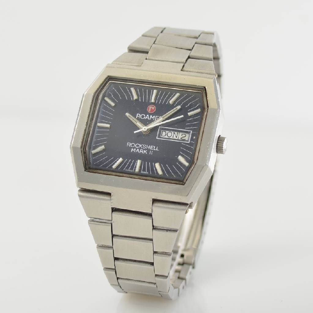 Detail b: ROAMER Herrenarmbanduhr Rockshell Mark II, Automatik, Schweiz um 1973, Ref. 2789- 9120.621, mehrflächiges Edelstahlgeh. inkl. orig. Gliederband m. ...