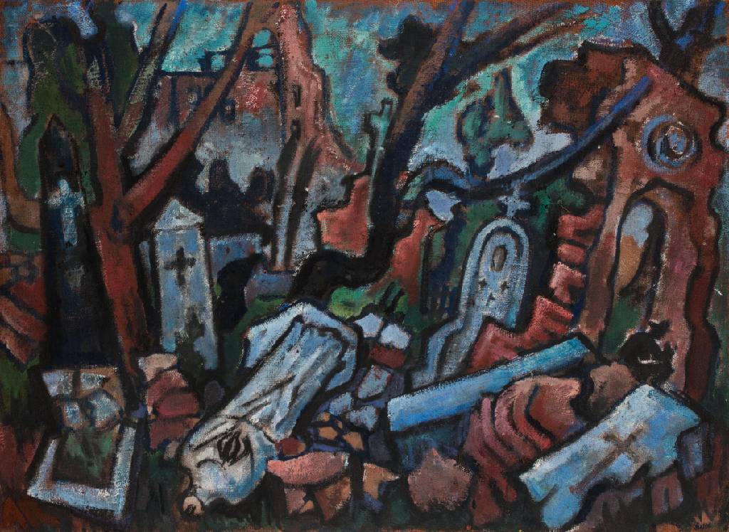 Alexander Rosenlehner, geb. 1912 Malang (Java), Der zerstörte Friedhof, verso Etikett betitelt, Acryl/Lwd, links unten monogrammiert, ca. 80x110cm