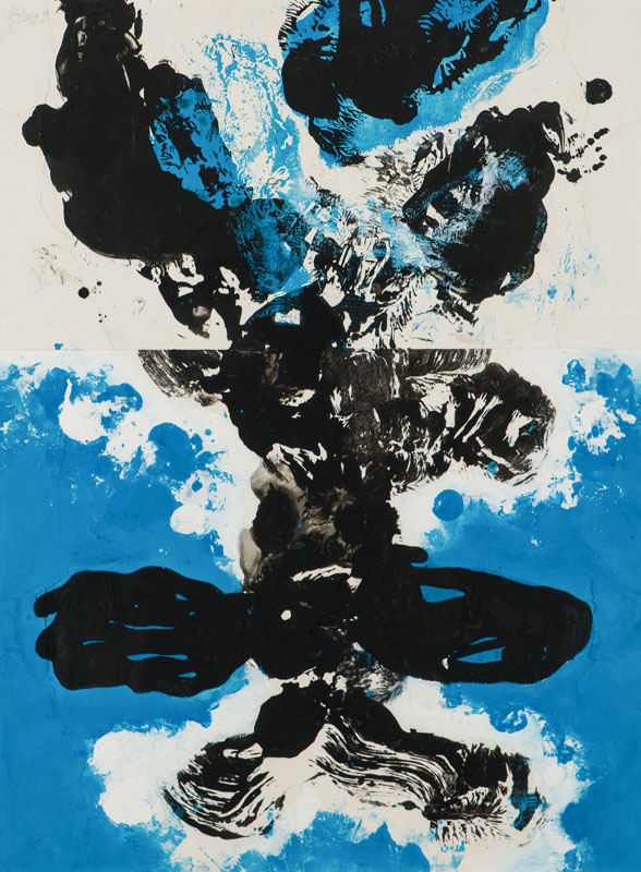 Gert Steinach, 1940-2015 Essen, Collage Blau Schwarz, Acryl/Collage auf Karton, sign., ca. 80x60 cm, unter Glas gerahmt