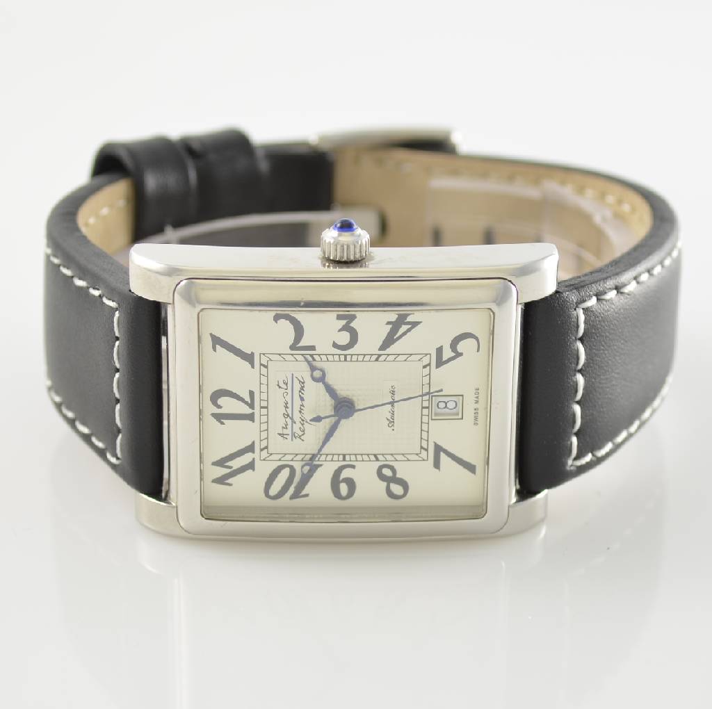 AUGUSTE RAYMOND rechteckige Herrenarmbanduhr in Stahl, Schweiz um 2010, Automatik, beids. Saphirvergl., Boden gedr., silb. Zifferbl. m. arab. Zahlen, ...