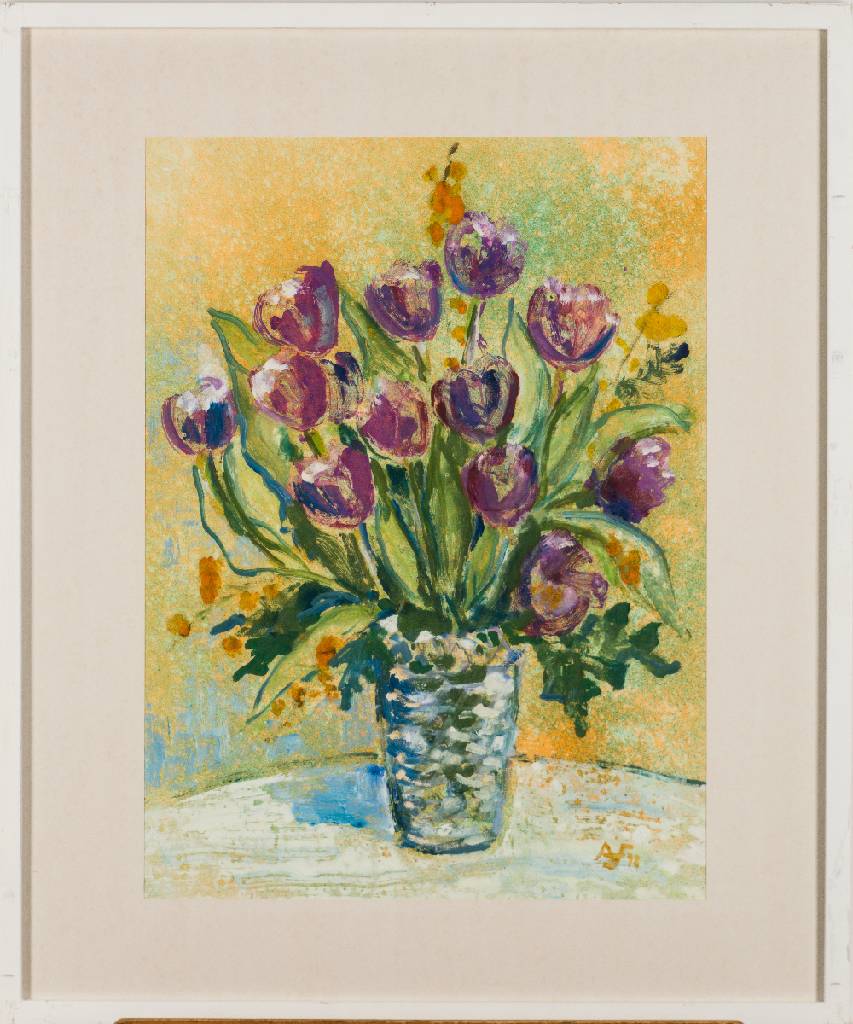 Aribert Frosch, geb. 1932 Ludwigshafen, Violette Tulpen in Kristallvase, Öl/Lwd, monogram. AF, dat. (19)98, ca. 80x65 cm, unterGlas gerahmt