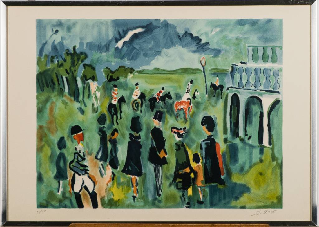 Jean-Claude Picot, geb. 1933, Reitturnier, Farblithografie, sign., num. 170/250, ca. 48x58 cm, unter Glas gerahmt