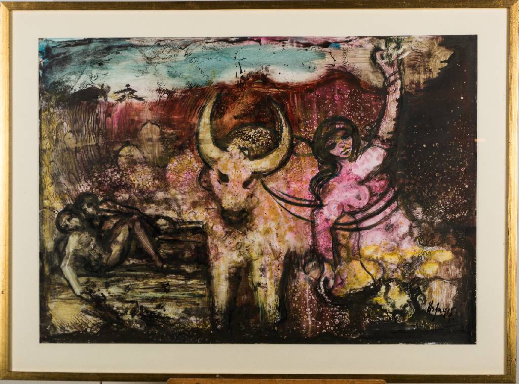 unbekannter Künstler, Europa mit Stier, Gouache/Papier, unleserlich sign., dat. (19) 84, ca. 89x118 cm, unter Glas gerahmt
