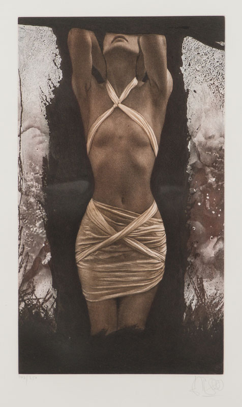 Willi Kissmer, geb. 1951, Akt mit Tüchern, Farbradierung, handsign., num. 143/250, Platte 42x25 cm, unter Glas gerahmt, gesamt 70x50 cm