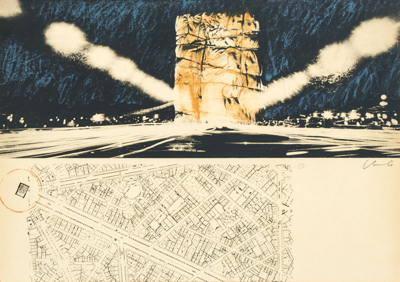 Christo, geb. 1935, Projekt für den Arc de Triomphe, Paris, 1970, Farblithografie, handsign., num. 164/300, Motiv ca. 44,5x64 cm, unter Glas ...