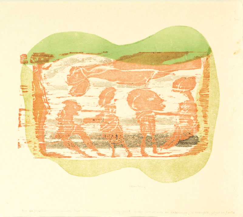 Gerhard Altenbourg, 1926-1989, Farbholzschnitt auf Bütten, 1980, betitelt: Wenn der janusköpfige nachtbeheimatete Vogel in den wahnwitzigen Mittag ...