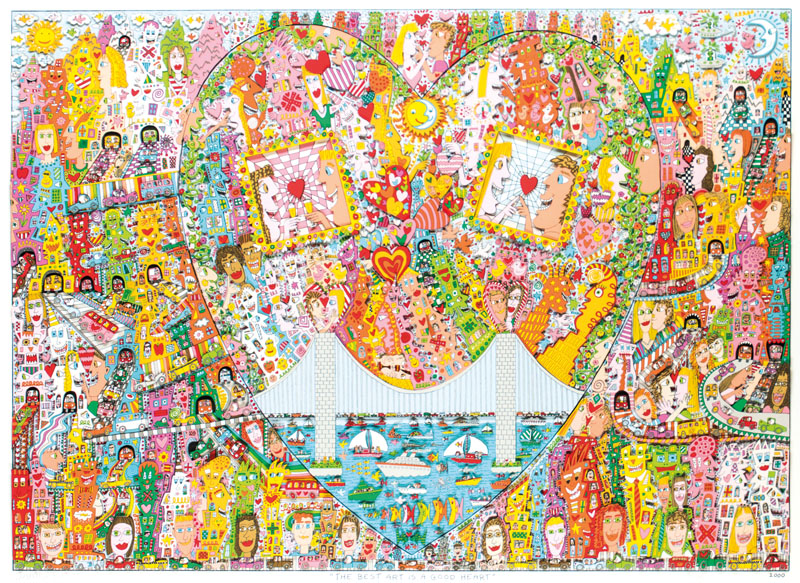 James Rizzi, 1950-2011, The best art is a good heart, 3D-Lithografie, handsign., num. 88/350, betitelt, dat. 2000, Motiv 69x93 cm, unter Glas gerahmt