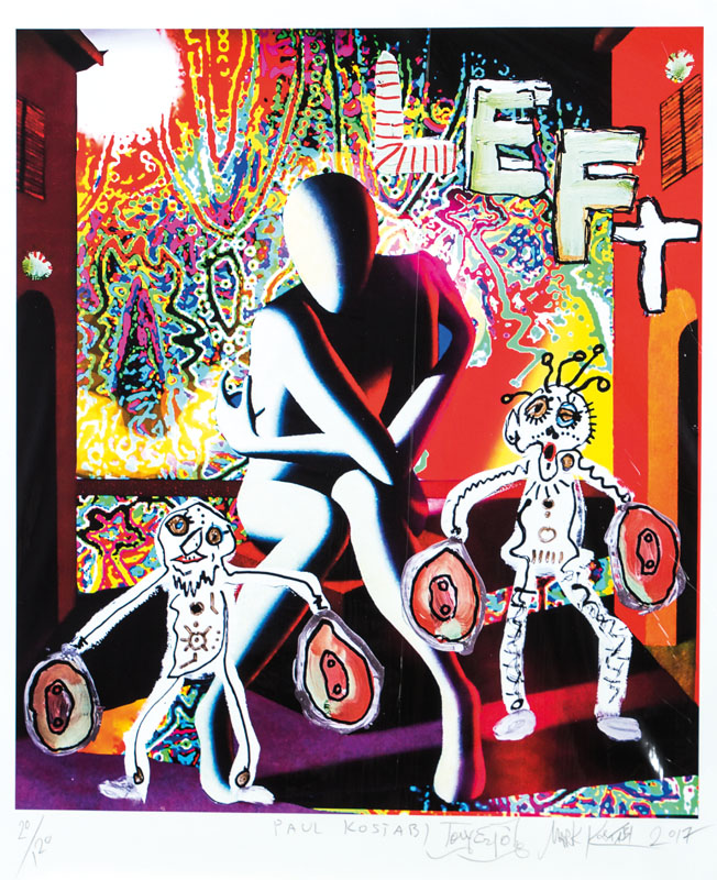 Mark Kostabi, Paul Kostabi, Tony Esposito, Psychodelic Solution, Farbserigraphie, von allen Künstlern sign., dat. 2017, num. 20/120, ca. 51,5x45 cm
