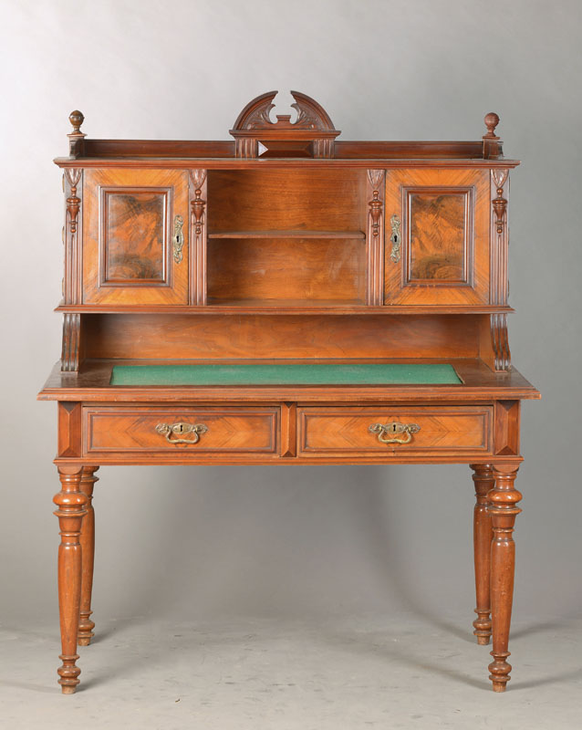 Aufsatzschreibtisch, Gründerzeit, deutsch, um 1870/80, Nussbaum furniert, Schreibtisch mitgedrechselten Beinen, 2-schübig, Scheibplatte bezogen, ...