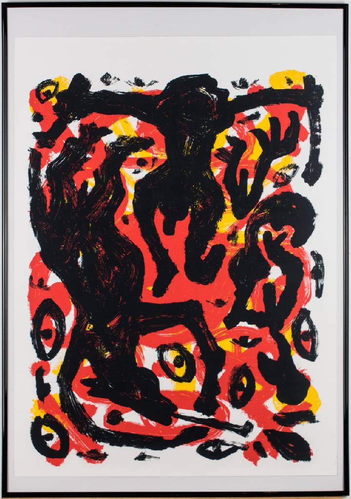 Detail a: A. R. Penck, 1939-2017, Konzert, Farbserigraphie zur Ausstellung 1949 Köln, Blattgr. 89,5x65,5 cm, unter Glas gerahmt
