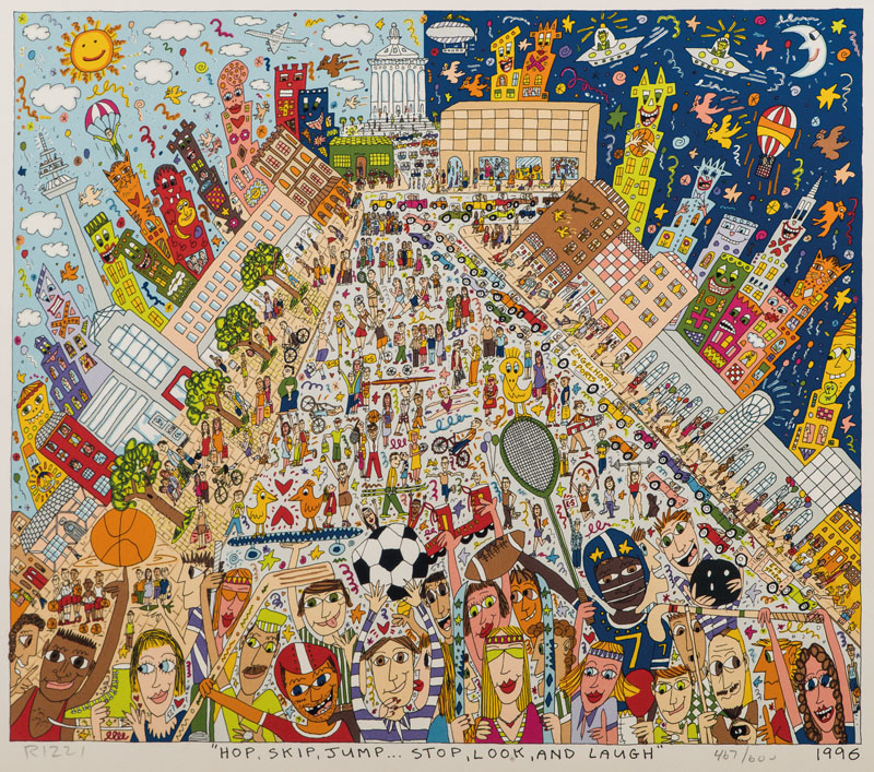 James Rizzi, 1950-2011, Hop, Skip, Jump... Stop, Look, and Laugh, Farblithografie, handsign., num. 467/600, dat. 1996, Blattgr. 43x47 cm, Provenienz: ...