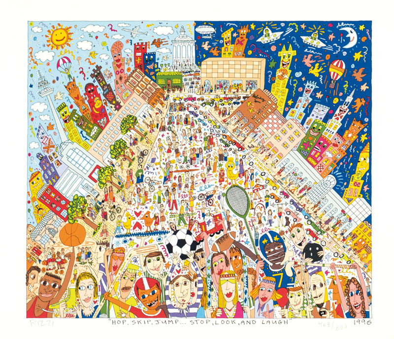 James Rizzi, 1950-2011, Hop, Skip, Jump... Stop, Look, and Laugh, Farblithografie, handsign., num. 469/600, dat. 1996, Blattgr. 43x47 cm, Provenienz: ...