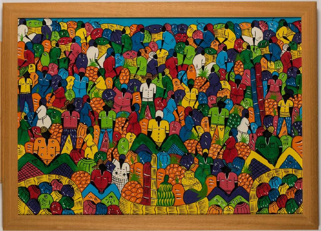 PHILIPPE, Haitianischer Künstler, Buntes Treiben, Acryl/Hartfaser, sign., 70x102 cm, Rahmen