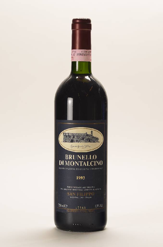 11 Flaschen 1993 Brunello di Montalcino San Filippo, je ca. 75 cl, 13% Vol., Füllstände:top shoulder und into neck, unverkostet, Etiketten z.T. ...