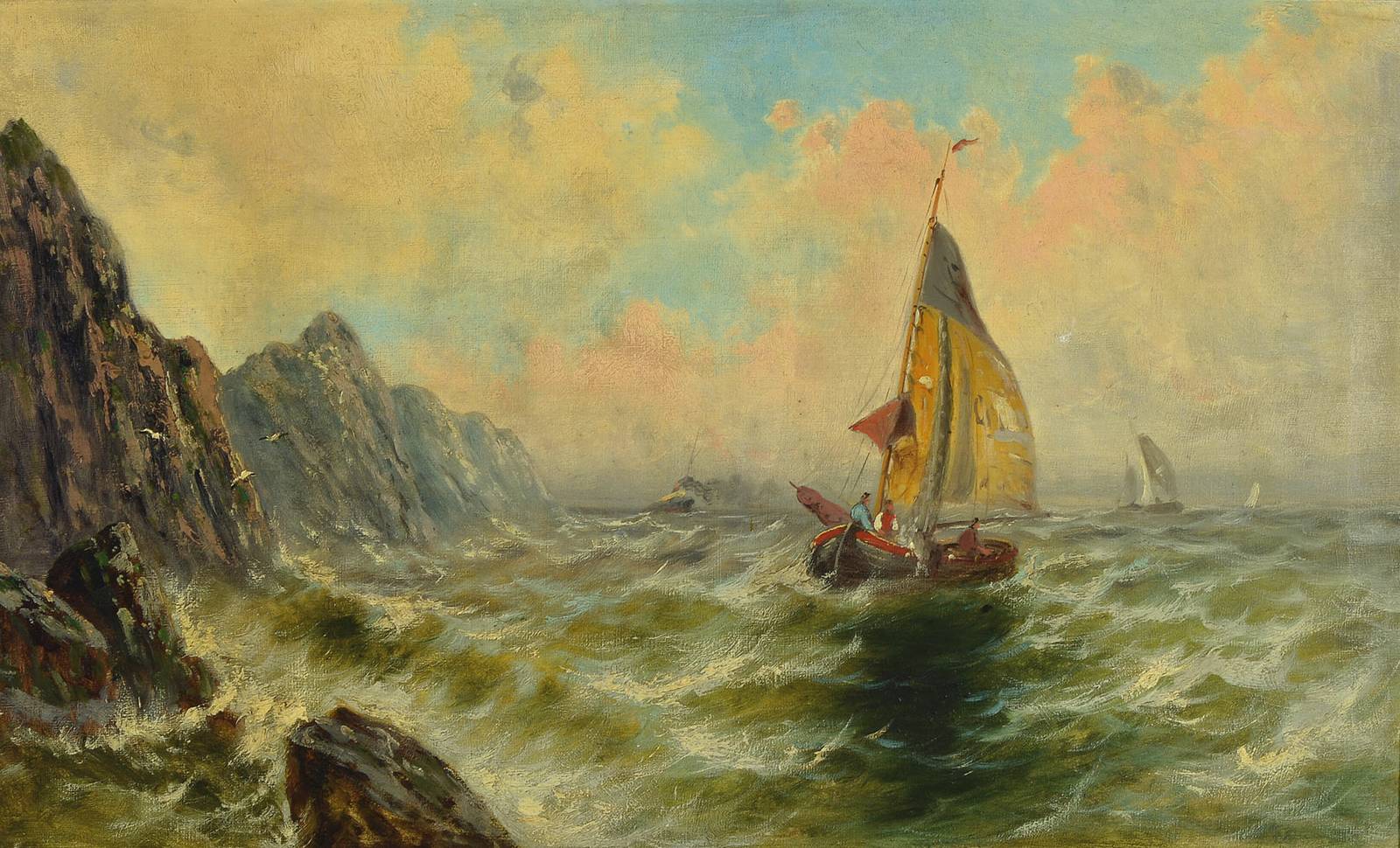 Detail c: Umkreis William Delmar, 1823-56, Segelboote auf stürmischer See vor Felsenküste mit Möwen, Personenstaffage, Öl/Lwd, unsigniert, auf Schildchen ...