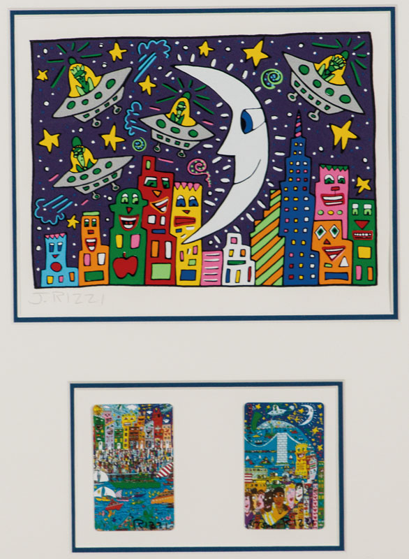James Rizzi, 1950-2011, Something about the night, Farblithografie, handsign., zusätzlich 2 Telefonkarten, handsign., Motiv 23x17 cm, Karten je ...