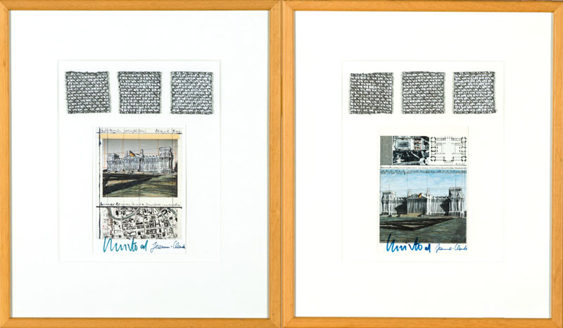 Christo und Jeanne Claude, Konvolut aus 2 Offset-Lithografien, je von beiden Künstlern handsign., darunter je 3 Teile a 5x5 cm des zur Verhüllung ...