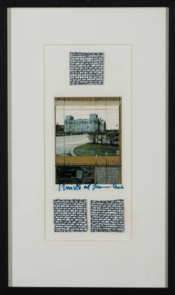 Christo und Jeanne Claude, Konvolut aus 3 Offset-Lithografien, je von beiden Künstlern handsign., darunter je 3 Teile a 5x5 cm des zur Verhüllung ...