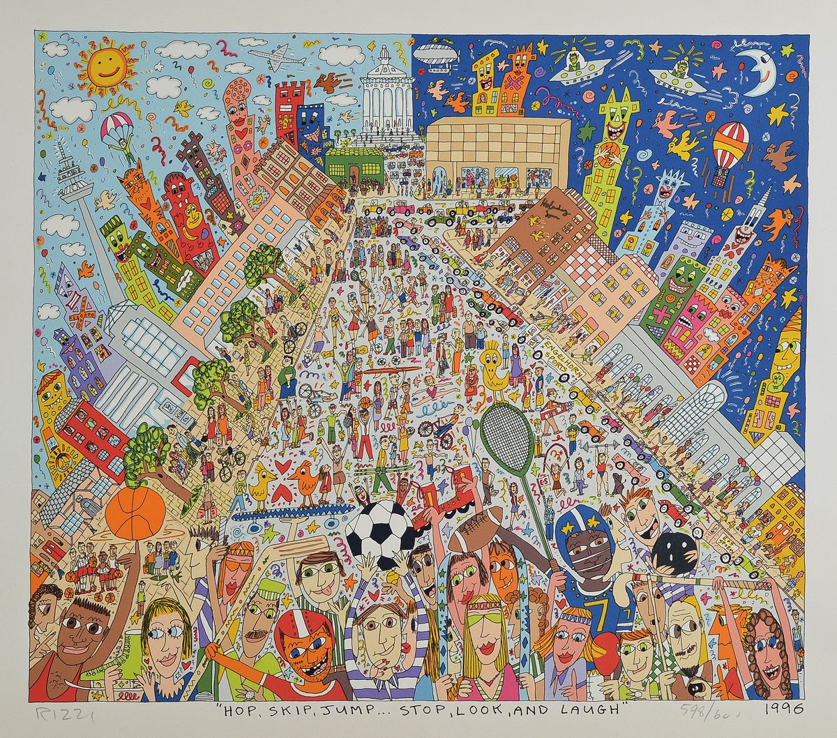 James Rizzi, 1950-2011, Hip, Skip, Jump... Stop, Look, and Laugh, Lithografie, handsign.,num. 598/600, dat. 1996, ca. 34x39,5 cm
