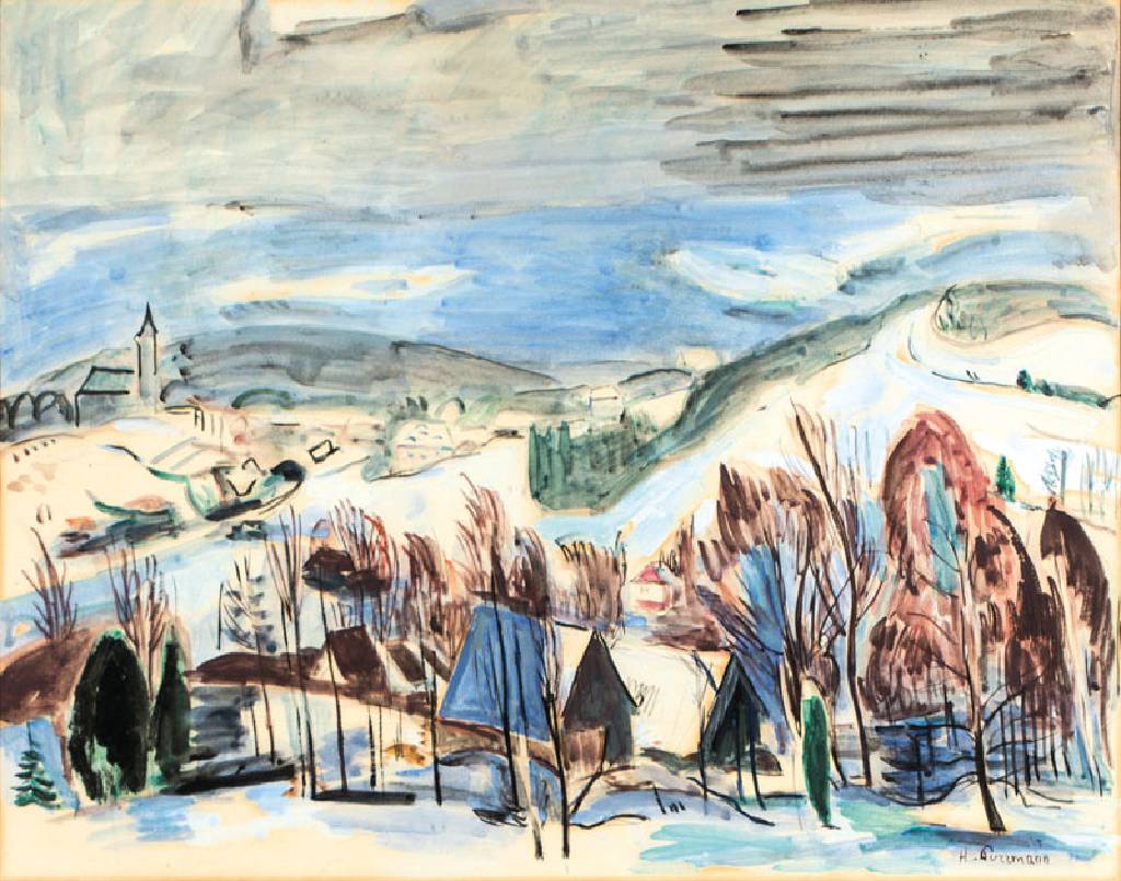 Hans Purrmann, 1880-1966, Winterlandschaft bei Schreiberhau, Aquarell/Zeichnung auf Papier, 1933/34, rechts unten handsigniert, Blattgr. 50x61,5 cm, ...