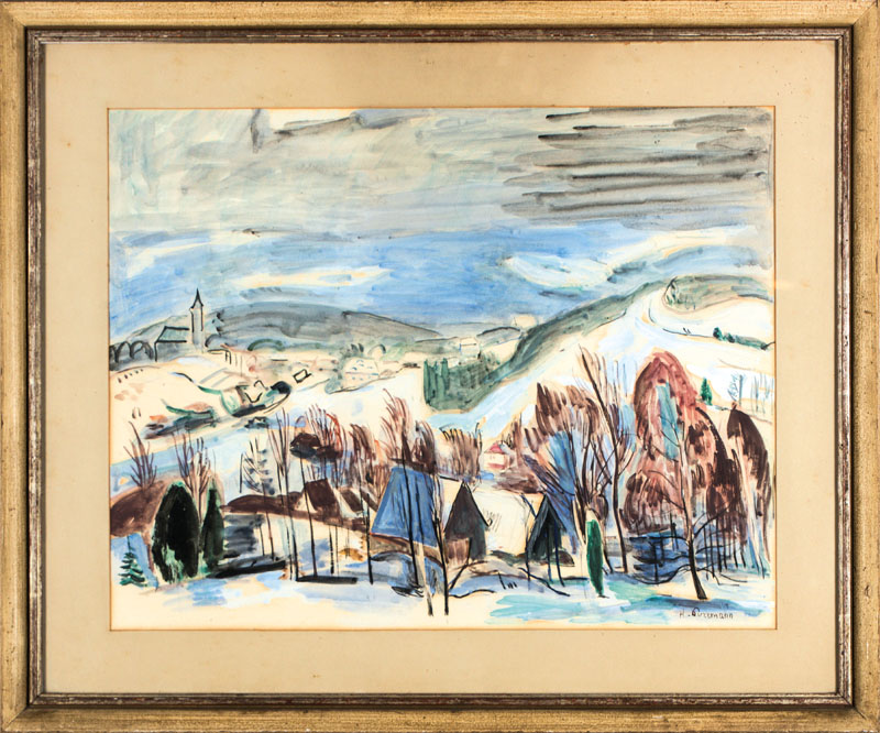 Detail b: Hans Purrmann, 1880-1966, Winterlandschaft bei Schreiberhau, Aquarell/Zeichnung auf Papier, 1933/34, rechts unten handsigniert, Blattgr. 50x61,5 cm, ...