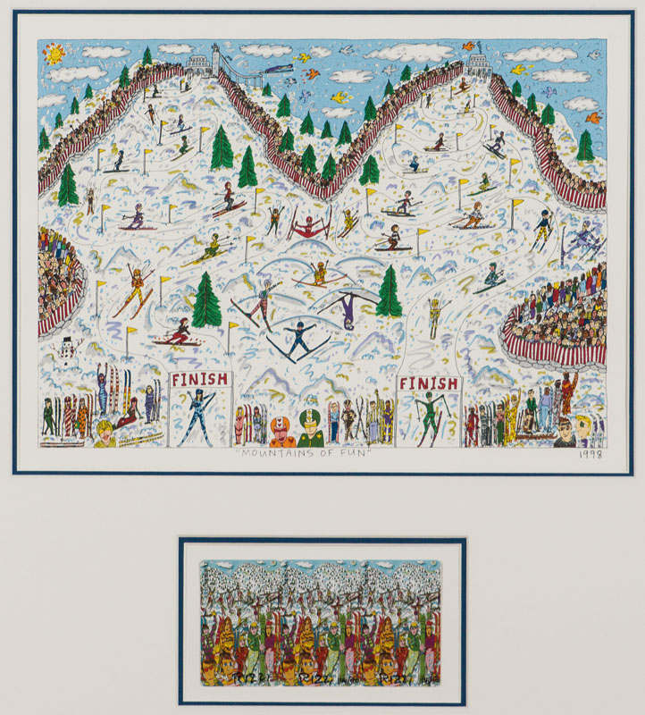 James Rizzi, 1950-2011, Mountains of Fun, Lithografie, 1998, ca. 28x38 cm, darunter 3 Telefonkarten, handsign., unter Glas gerahmt