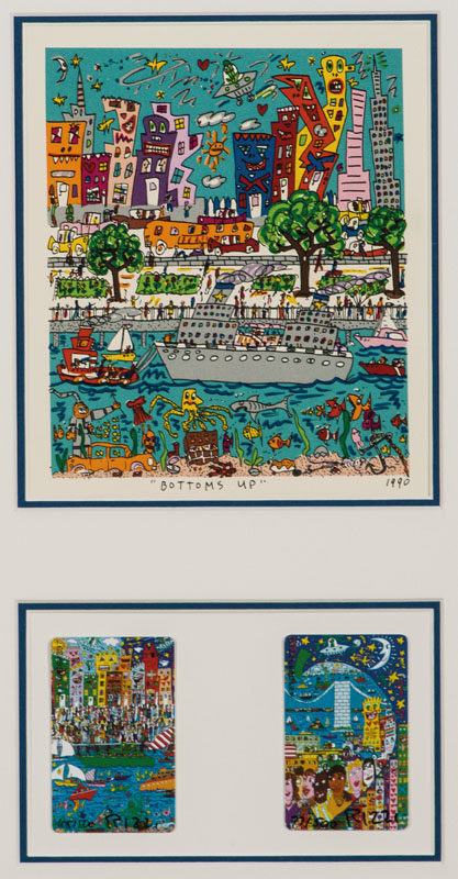 James Rizzi, 1950-2011, Bottoms up, Lithografie, 1990, ca. 18,5x15 cm, darunter 2 Telefonkarten handsign., num. 105/500, 77/500, je 8,5x5,5 cm, unter ...
