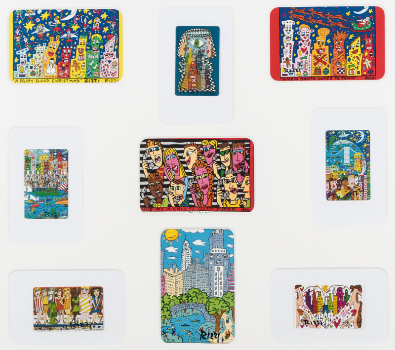 James Rizzi, 1950-2011, 4 Postkarten, je handsign., 5 Telefonkarten, je handsign., teils nummeriert, als Arrangement unter Glas gerahmt