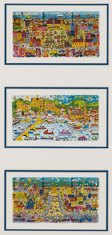 James Rizzi, 1950-2011, 3 x 3 Telefonkarten, je handsign., num., Telefonkarten je 8,5x5,5 cm, unter Glas gerahmt