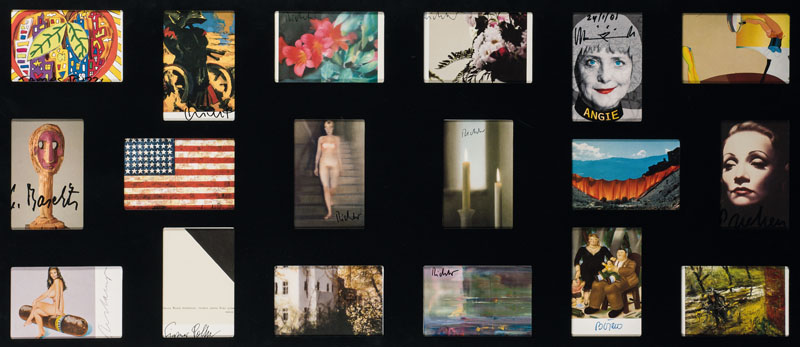 18 signierte Kunstpostkarten, Karten von Baselitz, Lüpertz, Jasper Johns, Allen Johnes,H.A. Schult "Angie", Botero, Gottfried Helnwein, ...