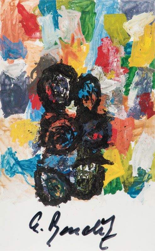 Baselitz & Lüpertz, Konvolut aus einer Kunstpostkarte Baselitz, Bildacht, handsign, unter Glas gerahmt und einer Fotografie von Markus Lüpertz ...