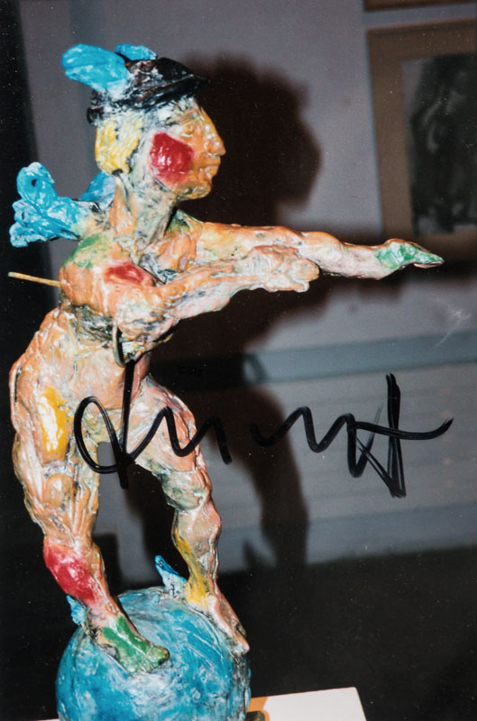 Detail a: Baselitz & Lüpertz, Konvolut aus einer Kunstpostkarte Baselitz, Bildacht, handsign, unter Glas gerahmt und einer Fotografie von Markus Lüpertz ...