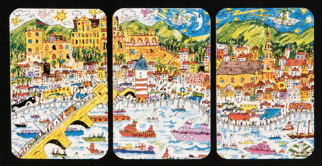 James Rizzi, 1950-2011, Konvolut aus 3 Sets Telefonkarten, jedes Set handsign. und num., aus der Städteserie: Heilbronn 243/300, Mannheim 241/300, ...