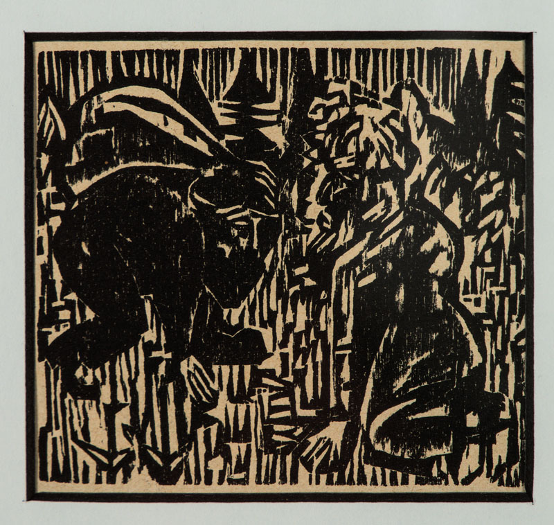 Ernst Ludwig Kirchner, 1880-1938, Kern und der Schmuggler, 1922, Holzschnitt, 6,7x7,3 cm,unter Glas gerahmt, gesamt 35x28 cm, inkl. Expertise der ...