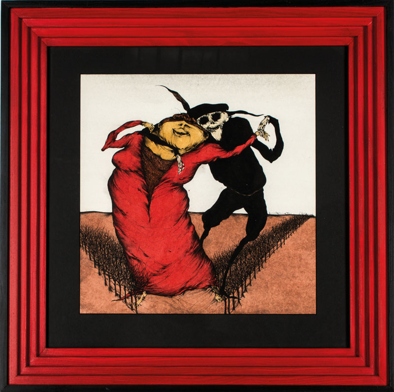 Detail a: Gertrude Degenhardt, geb. 1940 Berlin, Dame und der Tod, Mischtechnik mit Tusche und Aquarell auf Papier, re. unten sign. und dat. 1972, Blattgr. ca. ...