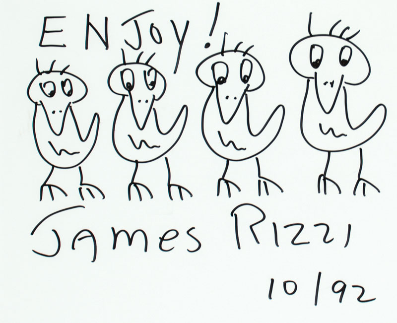 James Rizzi, 1950-2011, Rizzi Birds, Filzstiftzeichnung, handsign., dat. 10/92, Motiv 26,5x36,5 cm, unter Glas gerahmt, gesamt 56x66 cm